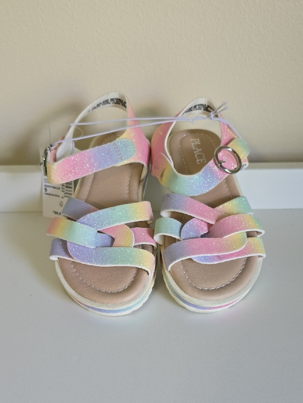 NWT Children's Place Kids' Glitter Pastel Rainbow Sandals Buckle Size 9